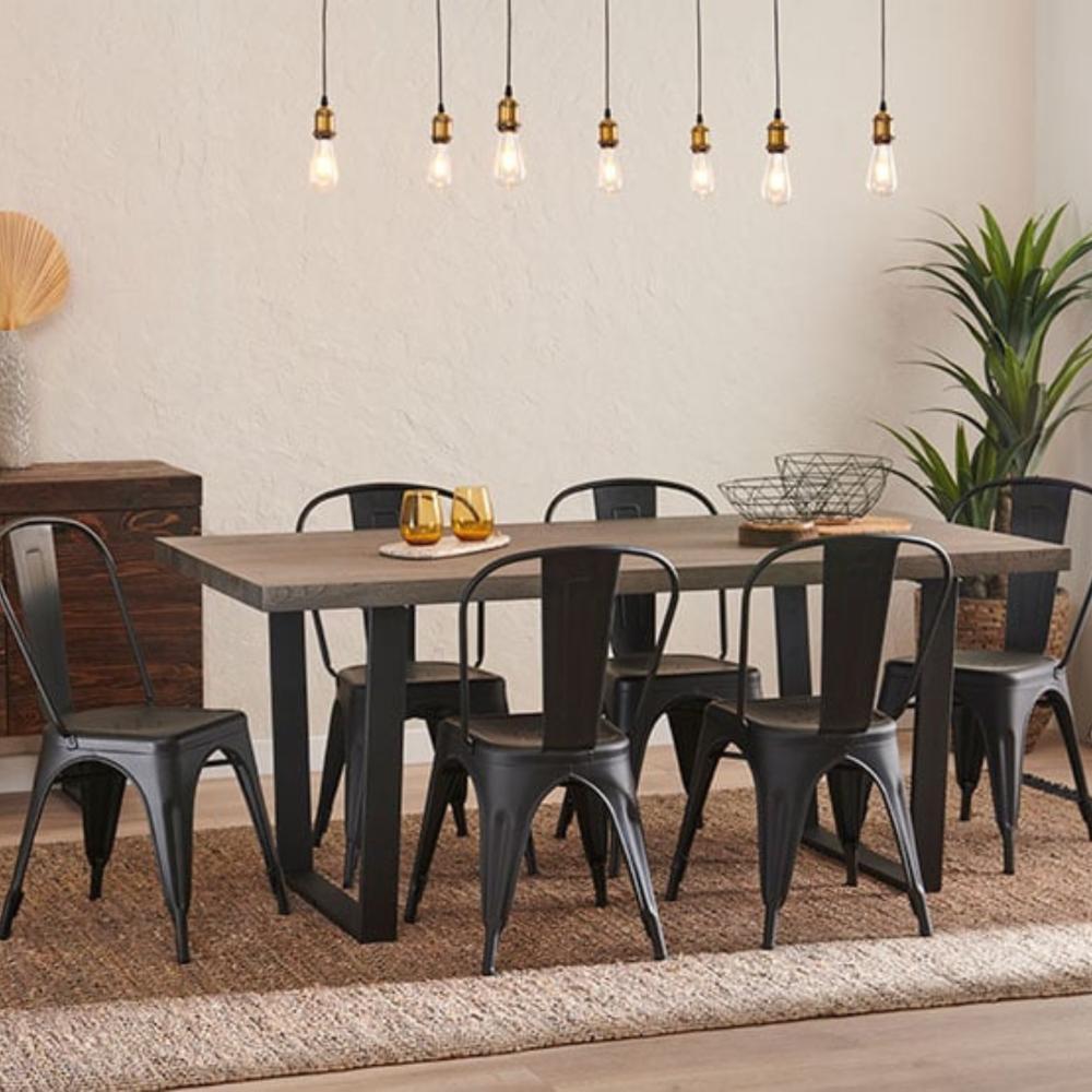 Comedor Industrial 140x90 Madera Oscura Walnut + 6 Sillas Tolix Negras