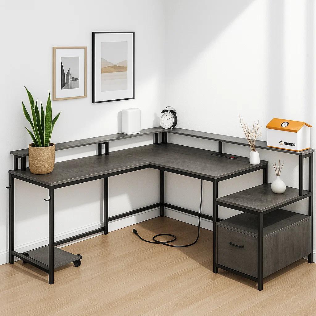 Escritorio Nova X en L modular con Estación de Carga Integrada (2 Enchufes + 2 USB) - Gris Negro