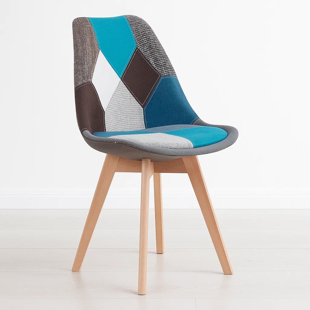 Silla Tulip Patchowork Acolchada Tela Wood - Celeste