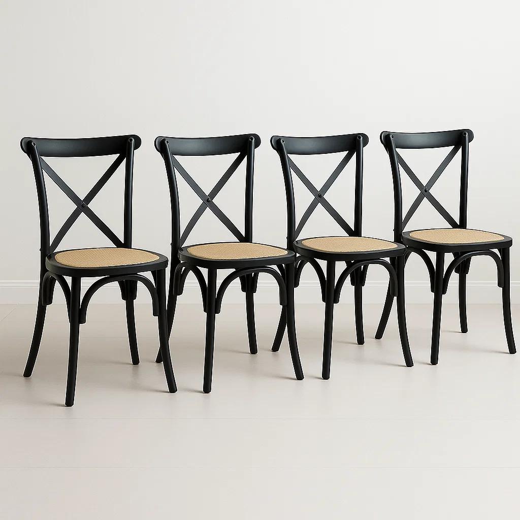 Pack de 4 Sillas Crossback Madera Rattan Negras
