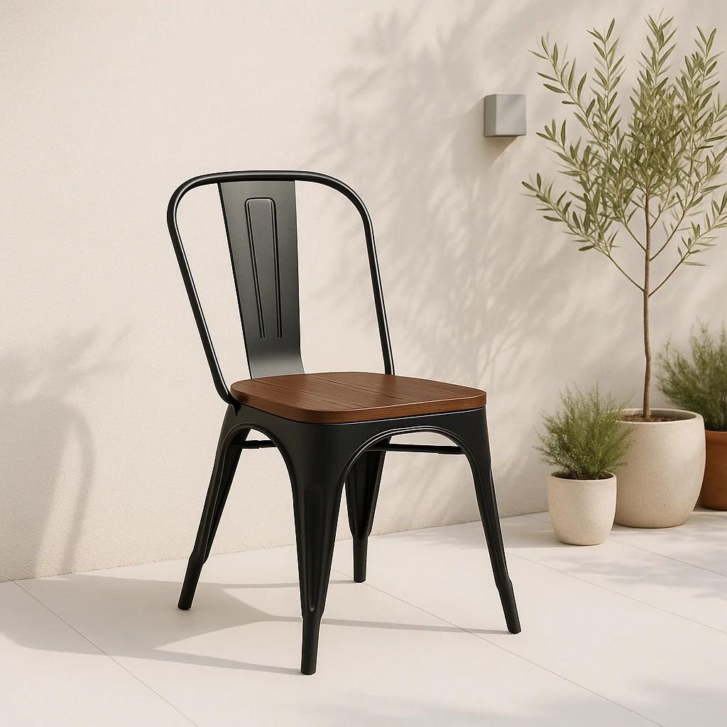 Silla Tolix de Comedor o Terraza Exterior con asiento de Madera Oscura Walnut - Negra