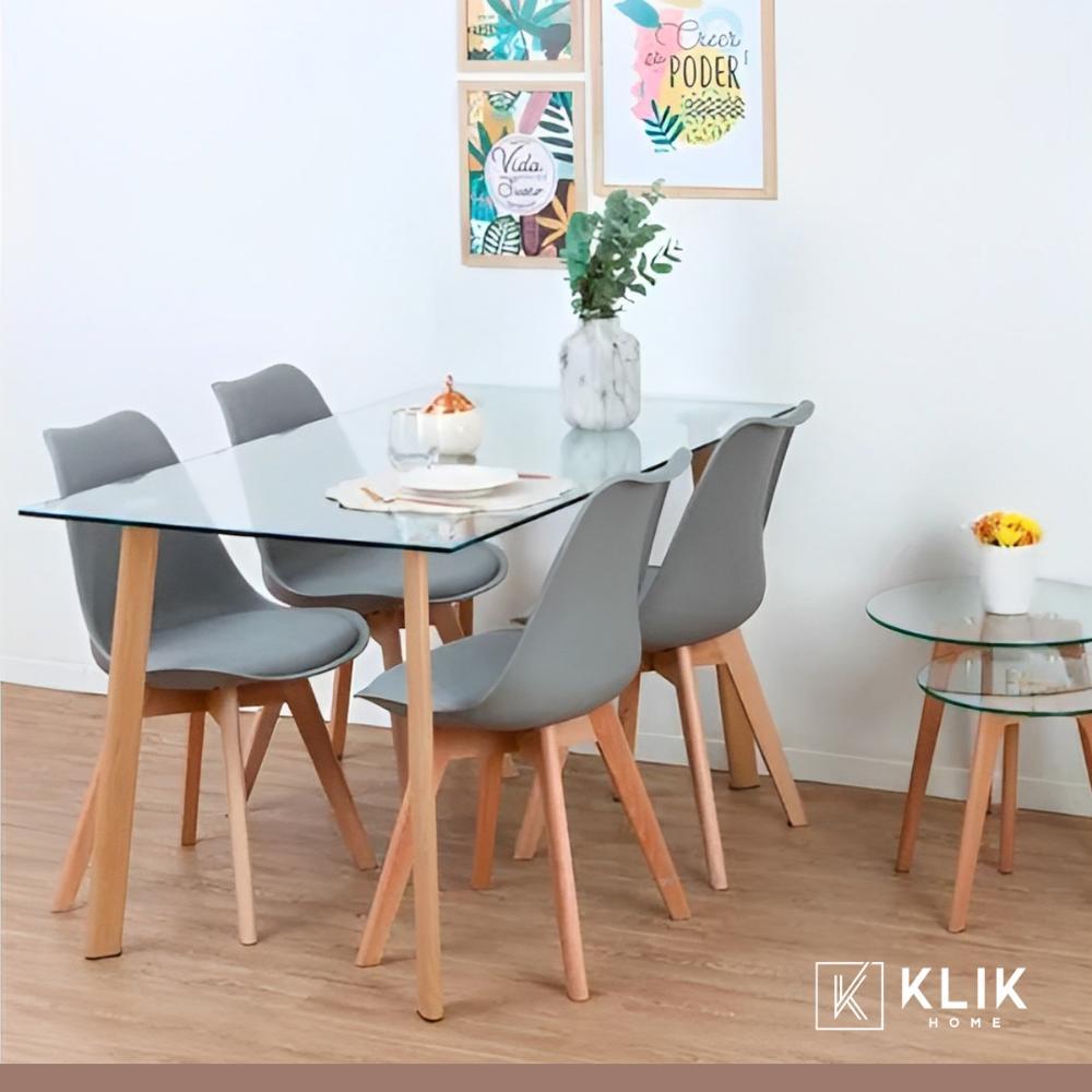 Comedor Mesa de Vidrio Nórdica 140x90 cm + 4 Sillas Tulip Grises