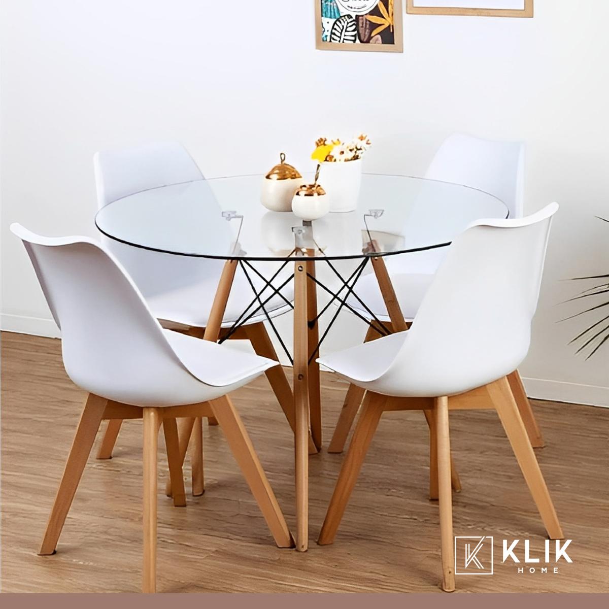 Comedor Mesa Eames Vidrio 100 cm + 4 Sillas Tulip Blancas