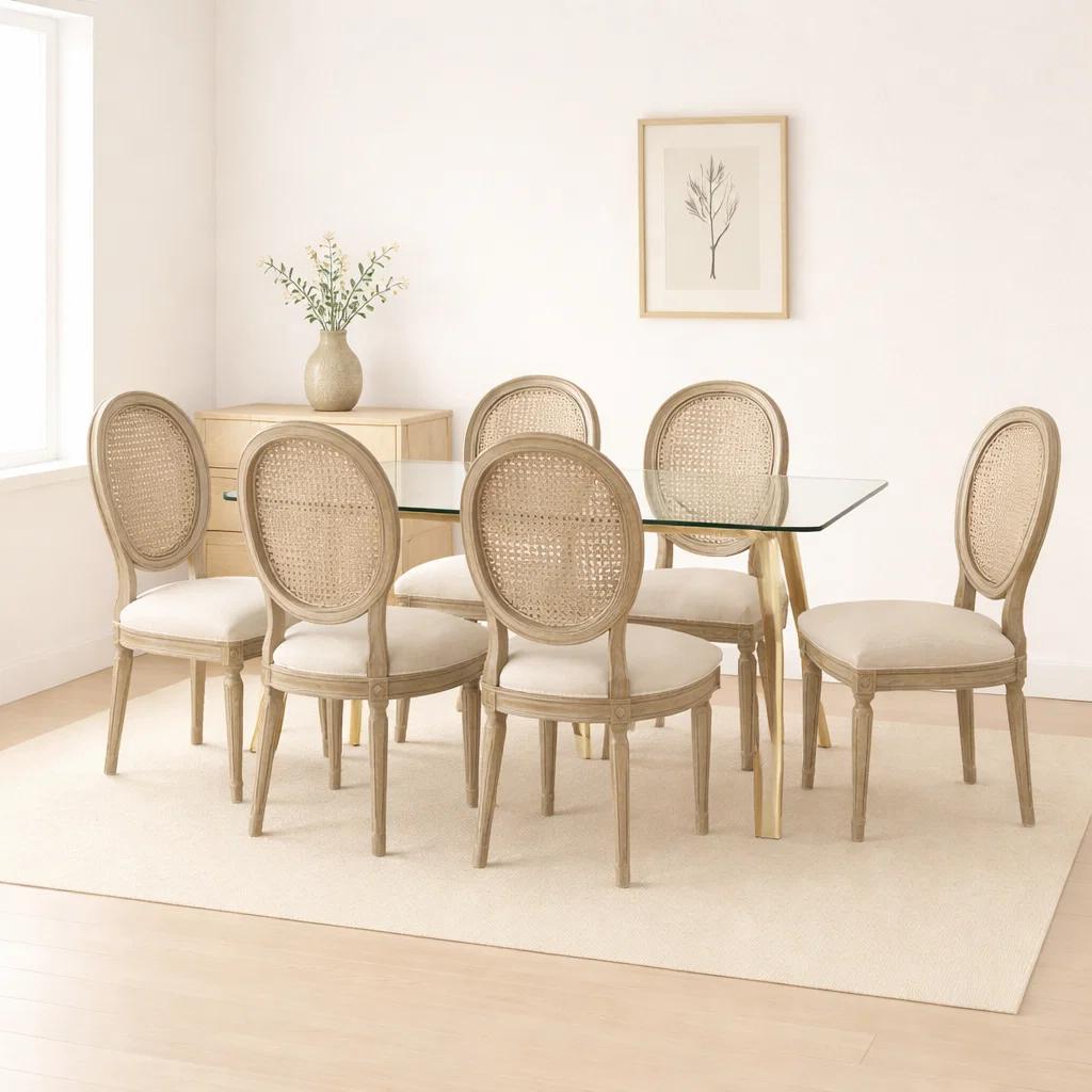 Comedor Mesa de Vidrio Rectangular Nórdica 140x90 cm + 6 Silla de Madera Acolchada Luis XV