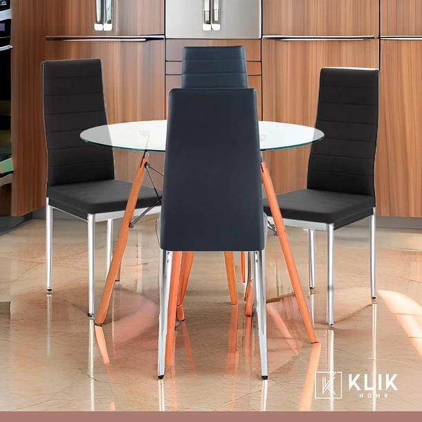 Comedor Mesa Eames 80cm redonda vidrio + 4 Sillas Dining Liana Acolchadas - Negras