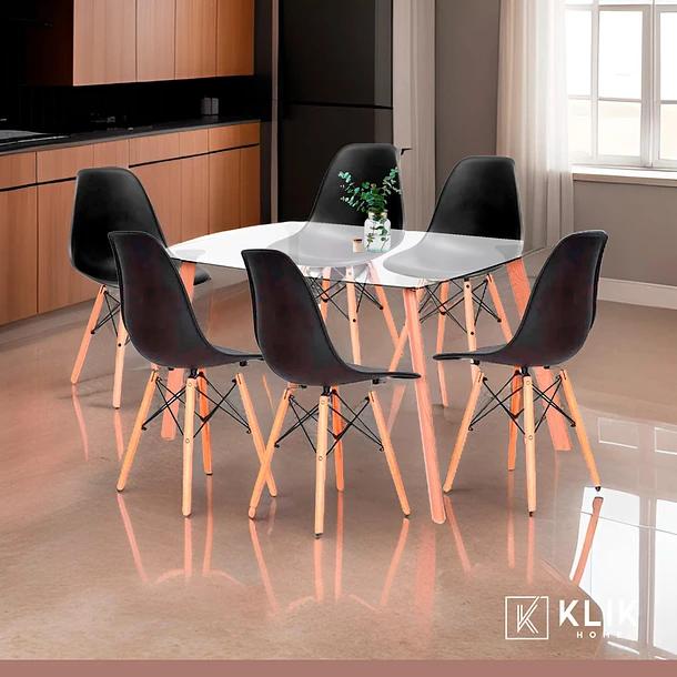 Comedor Mesa de Vidrio Nórdica 140x90 cm + 6 Sillas Eames Negras