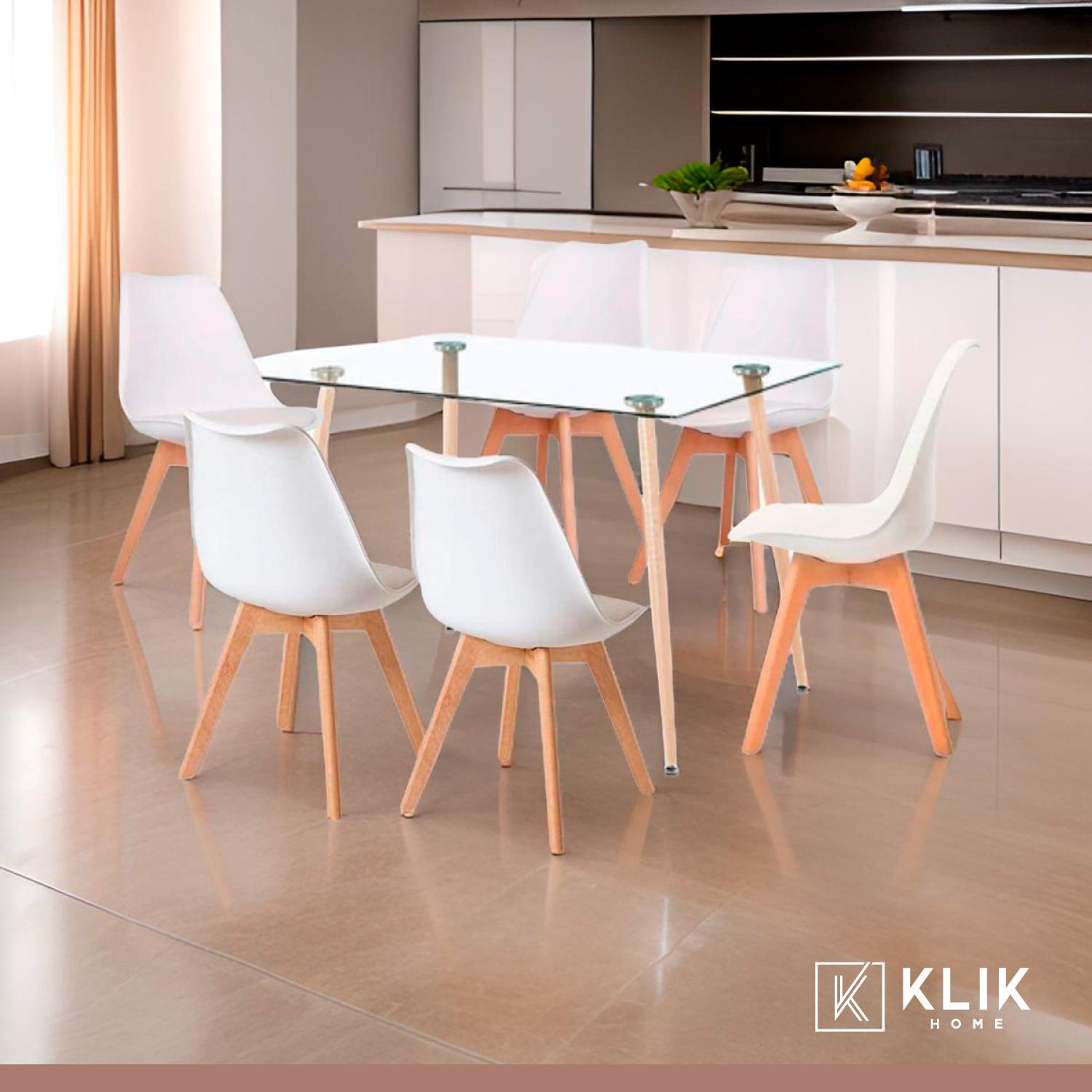Comedor Mesa de Vidrio Rectangular 120x80 + 6 Sillas Tulip Blancas