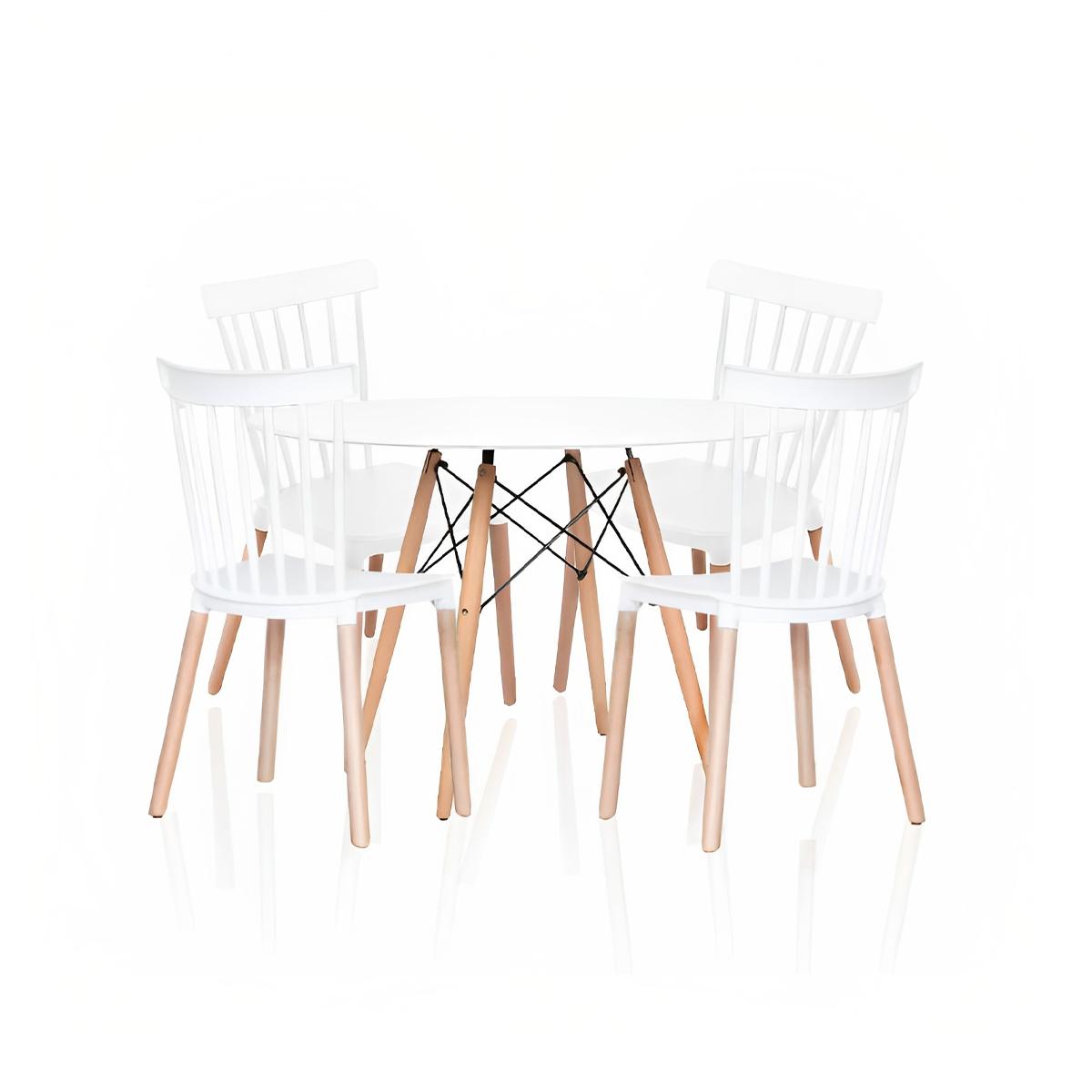 Comedor Mesa Redonda blanca 100cm + 4 sillas Windsor blanca