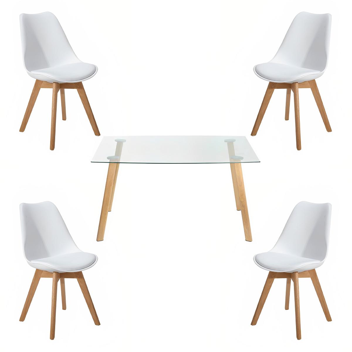 Comedor Mesa de Vidrio Nórdica 140x90 cm + 4 Sillas Tulip Blancas