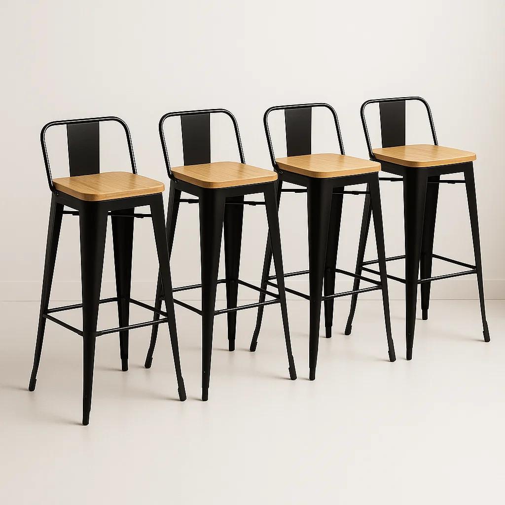 Pack de 4 Taburetes Tolix Con Asiento De Madera Clara - Negros