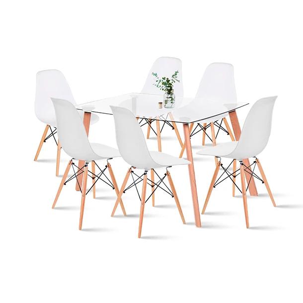 Comedor Mesa de Vidrio Nórdica 140x90 cm + 6 Sillas Eames Blancas