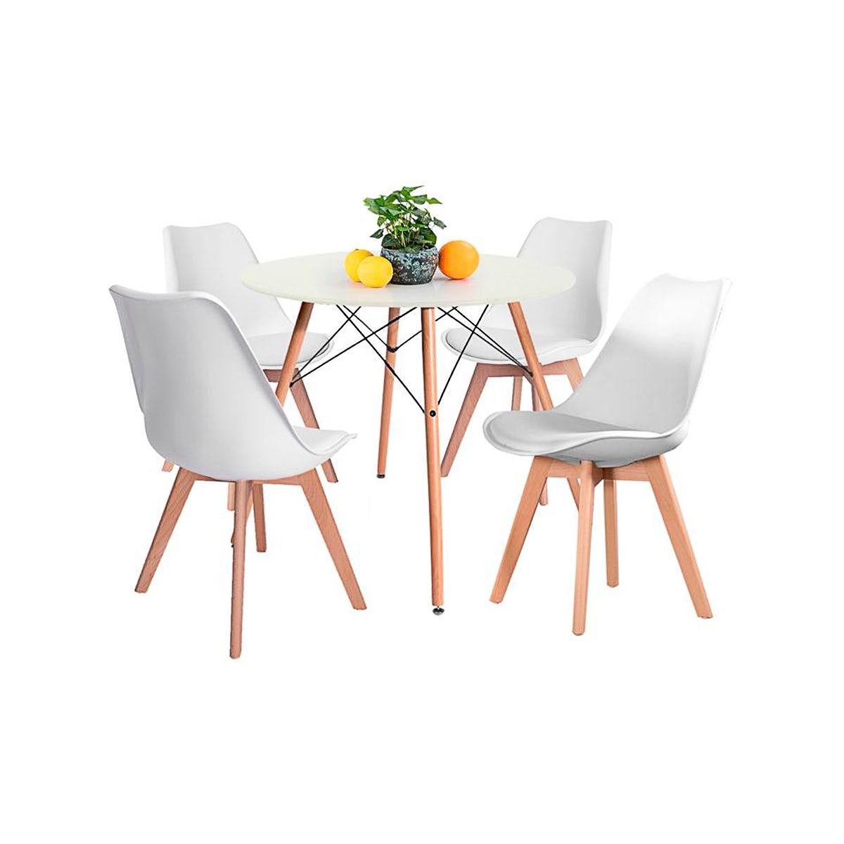 Comedor Mesa Eames Blanca Redonda 80cm + 4 Sillas Tulip Blancas