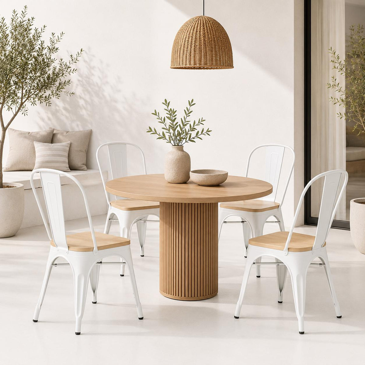 Pack de 4 Sillas Tolix con asiento de madera clara - Blanca