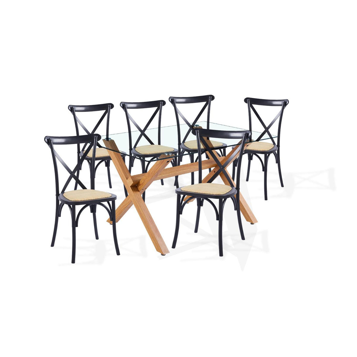 Comedor mesa de vidrio cross 140x90 + 6 sillas Crossback Madera Negras