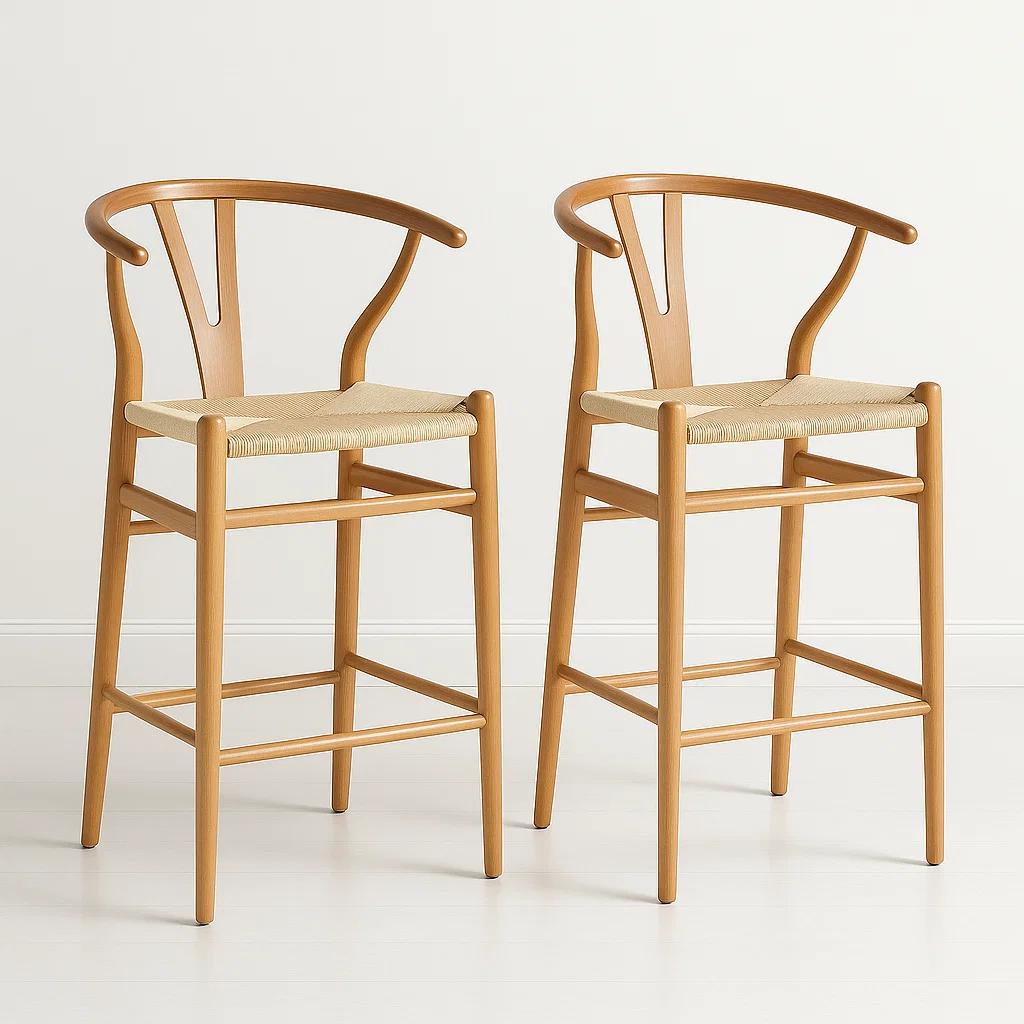 Pack de 2 Taburetes Wishbone Madera y Hilo de Cuerda - Natural