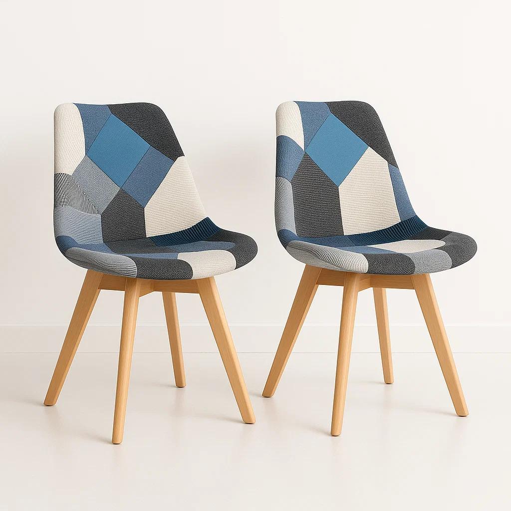 Pack de 2 Sillas Eames Patchwork Acolchada Tela Wood - Celeste