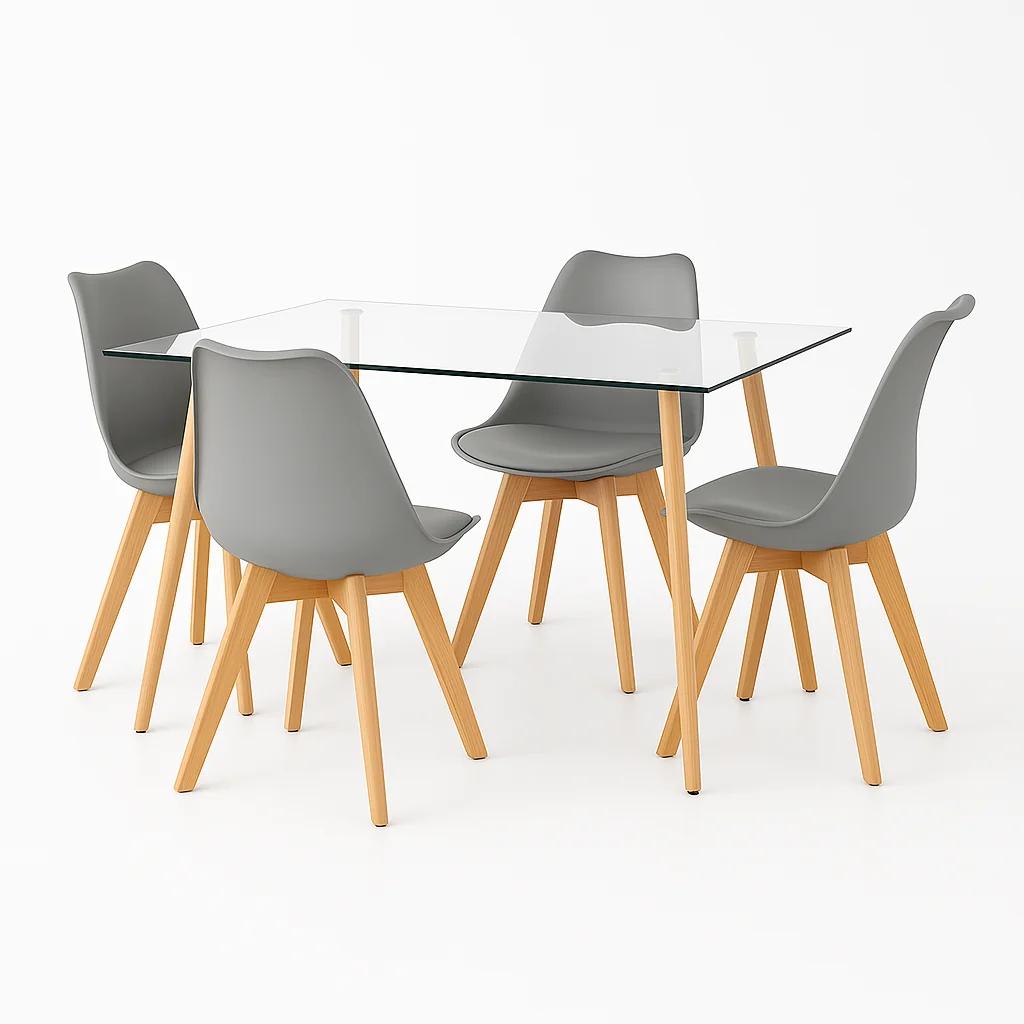 Comedor Mesa de Vidrio Nórdica 140x90 cm + 4 Sillas Tulip Grises