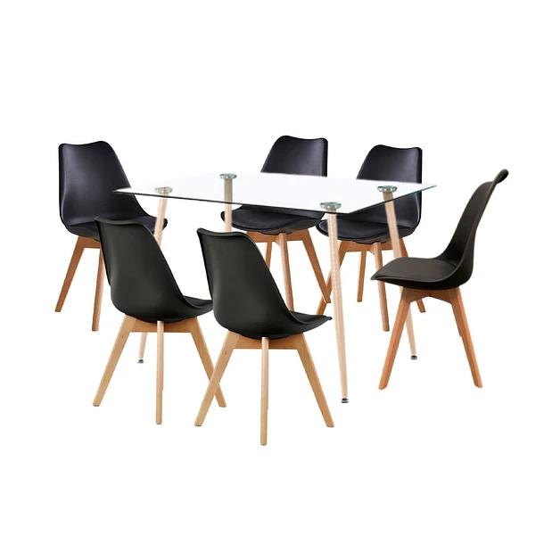 Comedor Mesa de Vidrio Rectangular 120x80 + 6 Sillas Tulip Negras