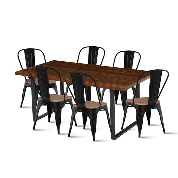 Comedor Industrial 160x90 Oscura + 6 Sillas Tolix Negras con Asiento de Madera Oscura Walnut
