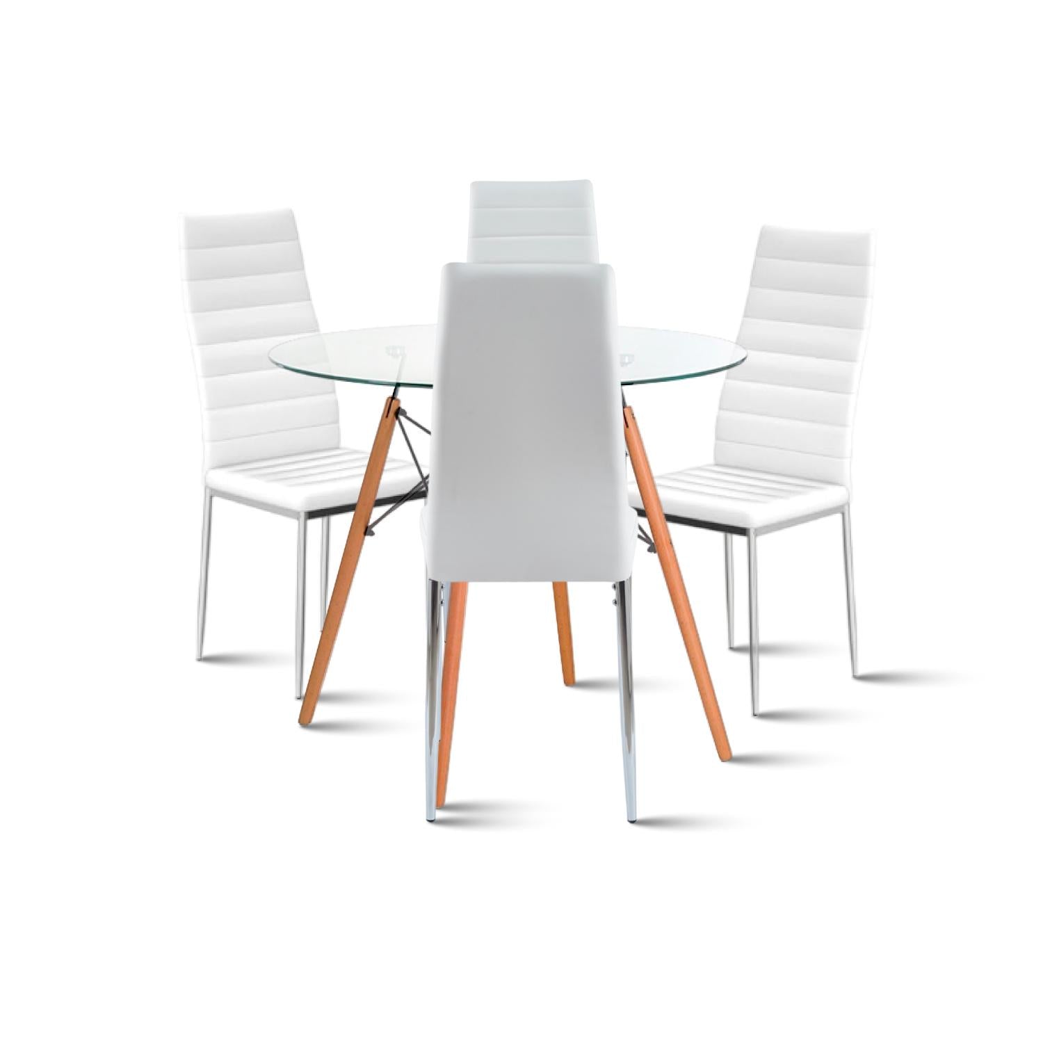 Comedor Mesa Eames 80cm redonda vidrio + 4 Sillas Dining Liana Acolchadas - Blancas