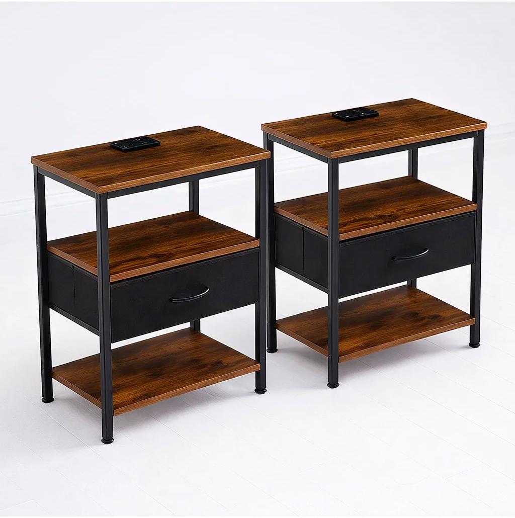 Pack de 2 Veladores Estilo Industrial Black Wood 50x30x61