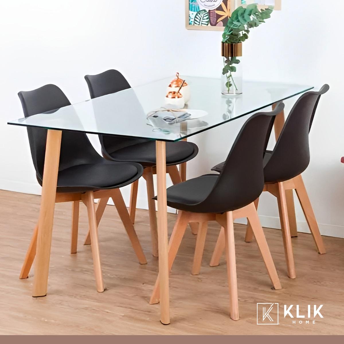 Comedor Mesa de Vidrio Nórdica 140x90 cm + 4 Sillas Tulip Negras