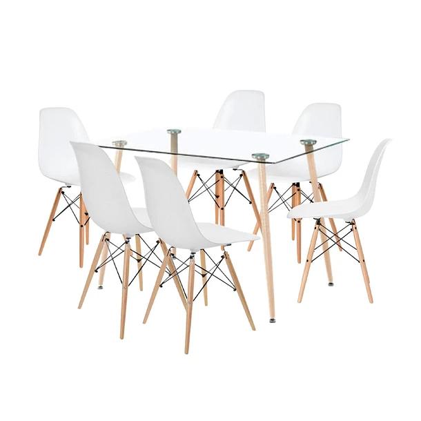 Comedor Mesa de Vidrio Rectangular 120x80 + 6 Sillas Eames Blancas