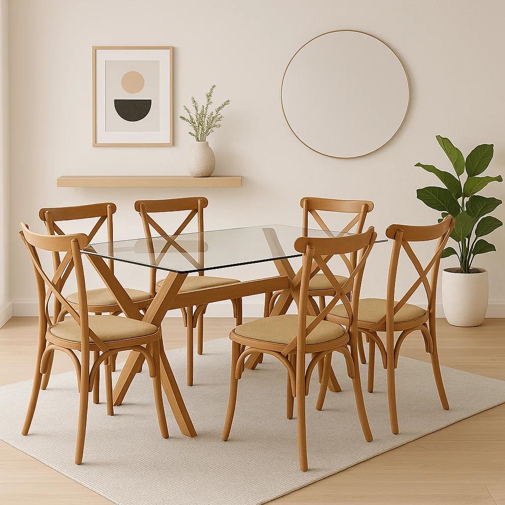 Comedor mesa de vidrio cross 140x90 + 6 sillas Crossback Madera
