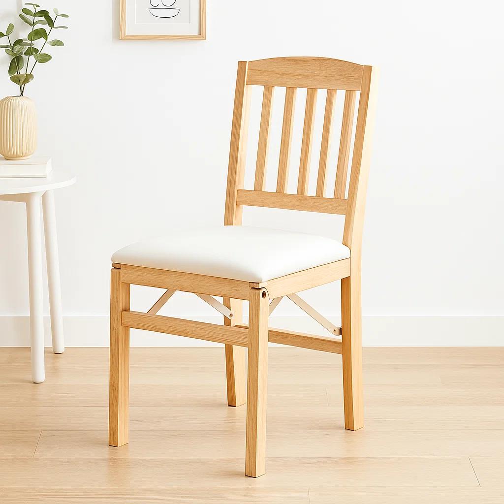 Silla Moderna Plegable de Madera Clara con Tapizado Neutro