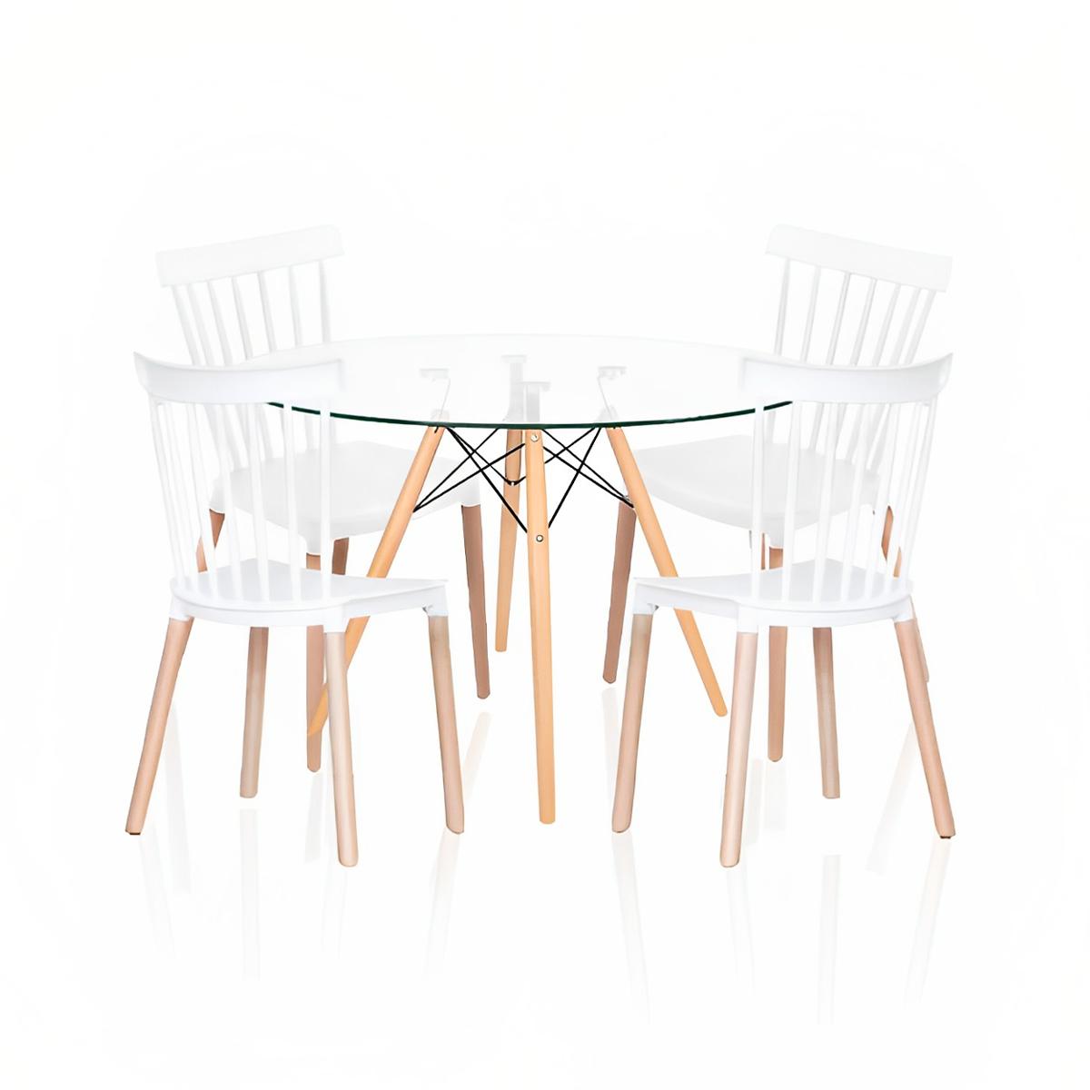 Comedor Mesa Eames Redonda vidrio 100cm + 4 Sillas Windsor Blancas