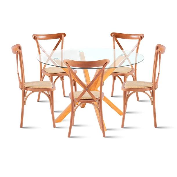 Comedor redonda de vidrio Cross 120cm + 5 Sillas Crossback Madera