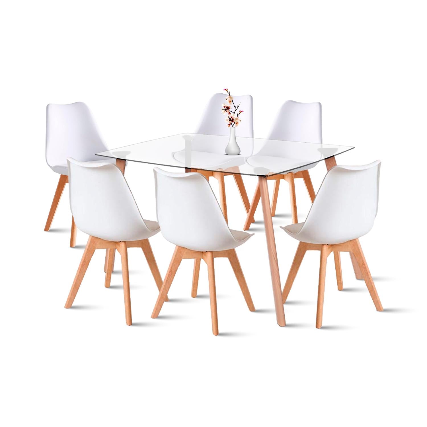 Comedor Mesa de Vidrio Nórdica 140x90 cm + 6 Sillas Tulip Blancas