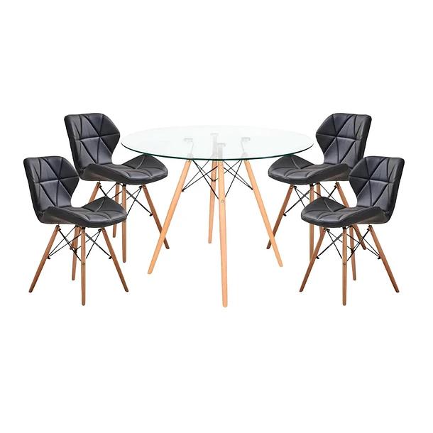 Comedor Mesa Redonda de Vidrio 80cm + 4 Sillas Radar negras