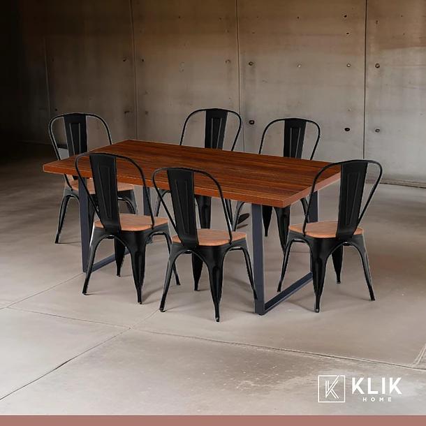Comedor Industrial 160x90 Oscura + 6 Sillas Tolix Negras con Asiento de Madera Oscura Walnut