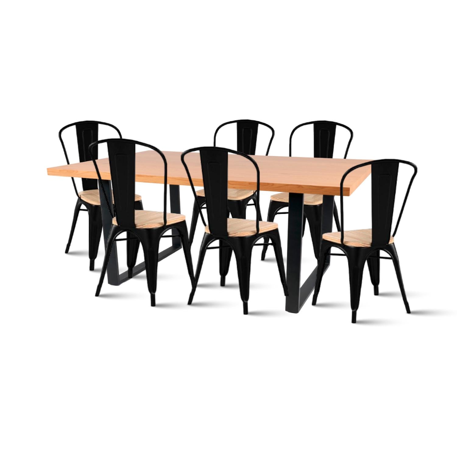 Comedor Estilo Industrial 160x90 Madera Clara + 6 sillas Tolix Negras con asiento de madera Clara