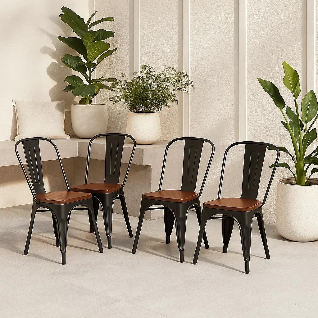 Pack de 4 sillas Tolix con asiento de Madera Oscura Walnut - Negras