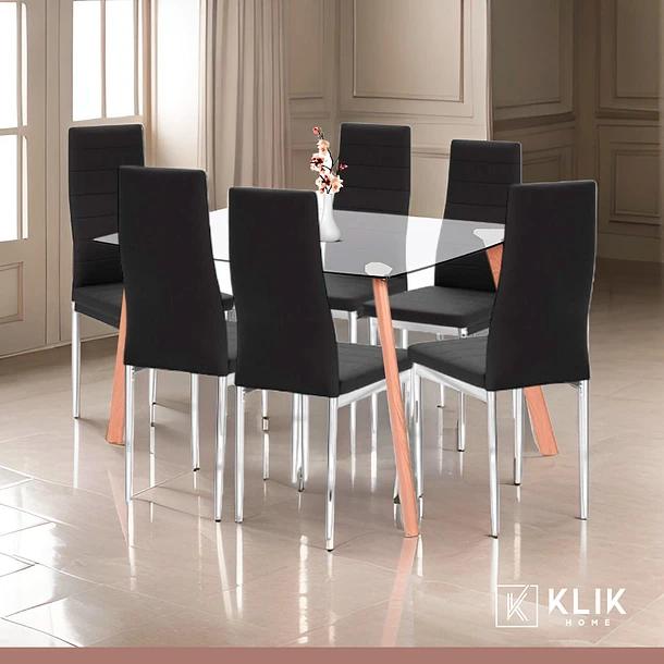 Comedor Mesa de Vidrio Rectangular 140x90cm + 6 Sillas Dining Liana Acolchadas - Negras
