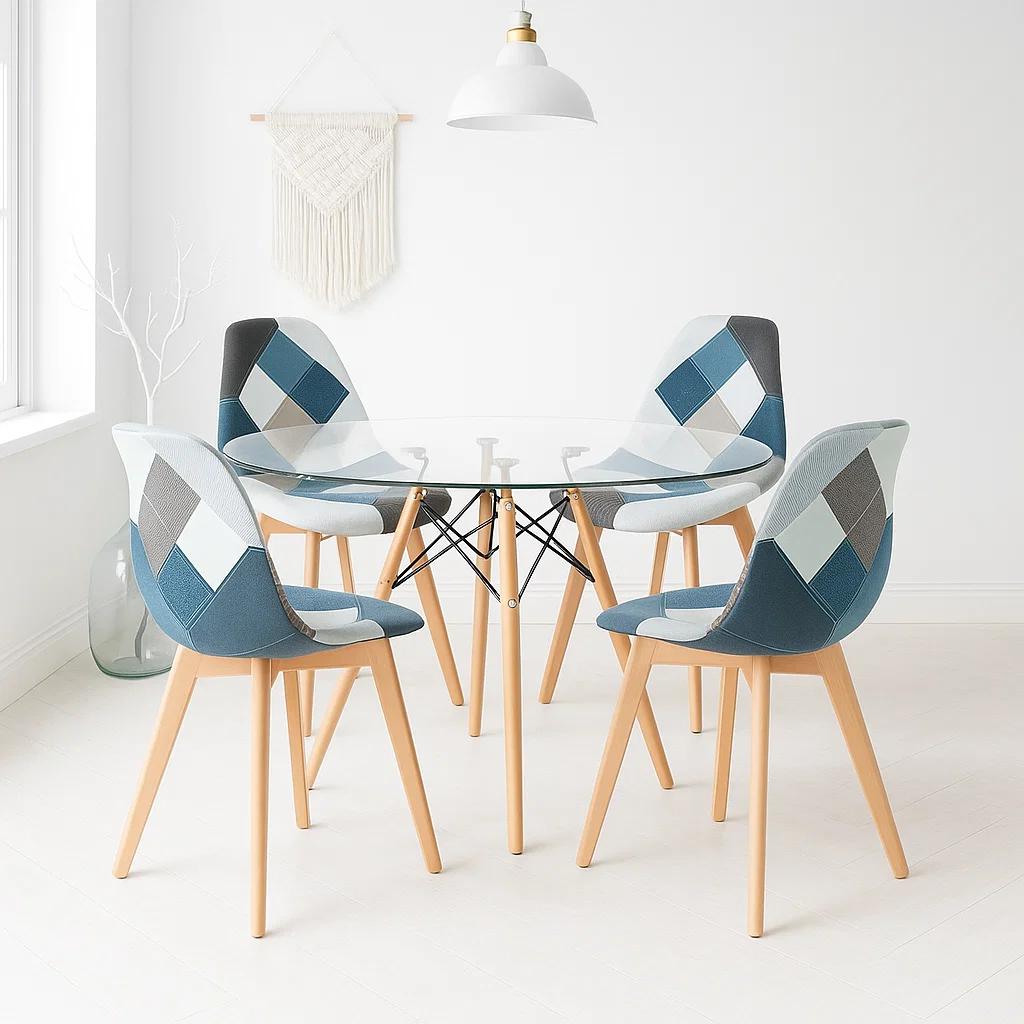 Comedor Mesa Eames Redonda vidrio 100cm + 4 Sillas Eames Patchwork Tela Wood Celeste