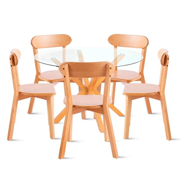 Comedor redondo de vidrio Cross 120cm + 5 Sillas Fresno de Madera - Natural