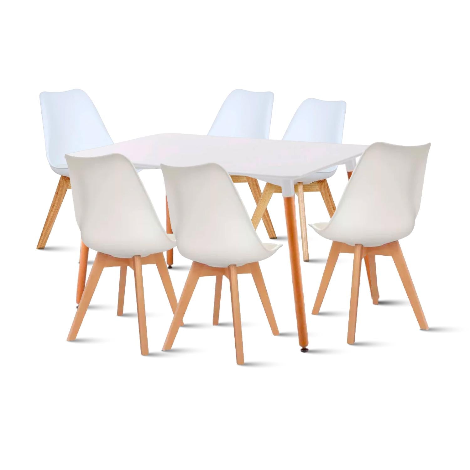 Comedor Mesa de 120x80 Rectangular Blanca + 6 Sillas Tulip - Blancas
