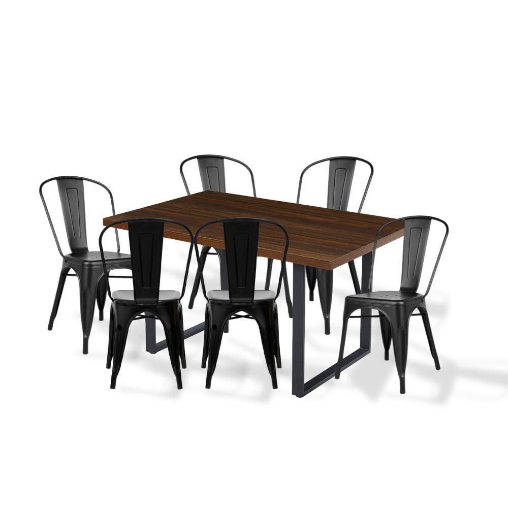 Comedor Industrial 140x90 Madera Oscura Walnut + 6 Sillas Tolix Negras