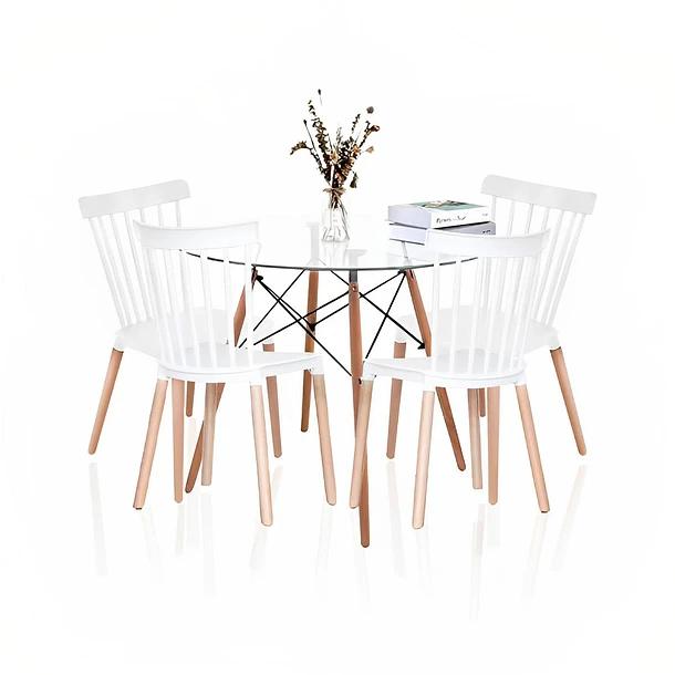 Comedor Mesa Eames Redonda vidrio 80cm + 4 Sillas Windsor Blancas