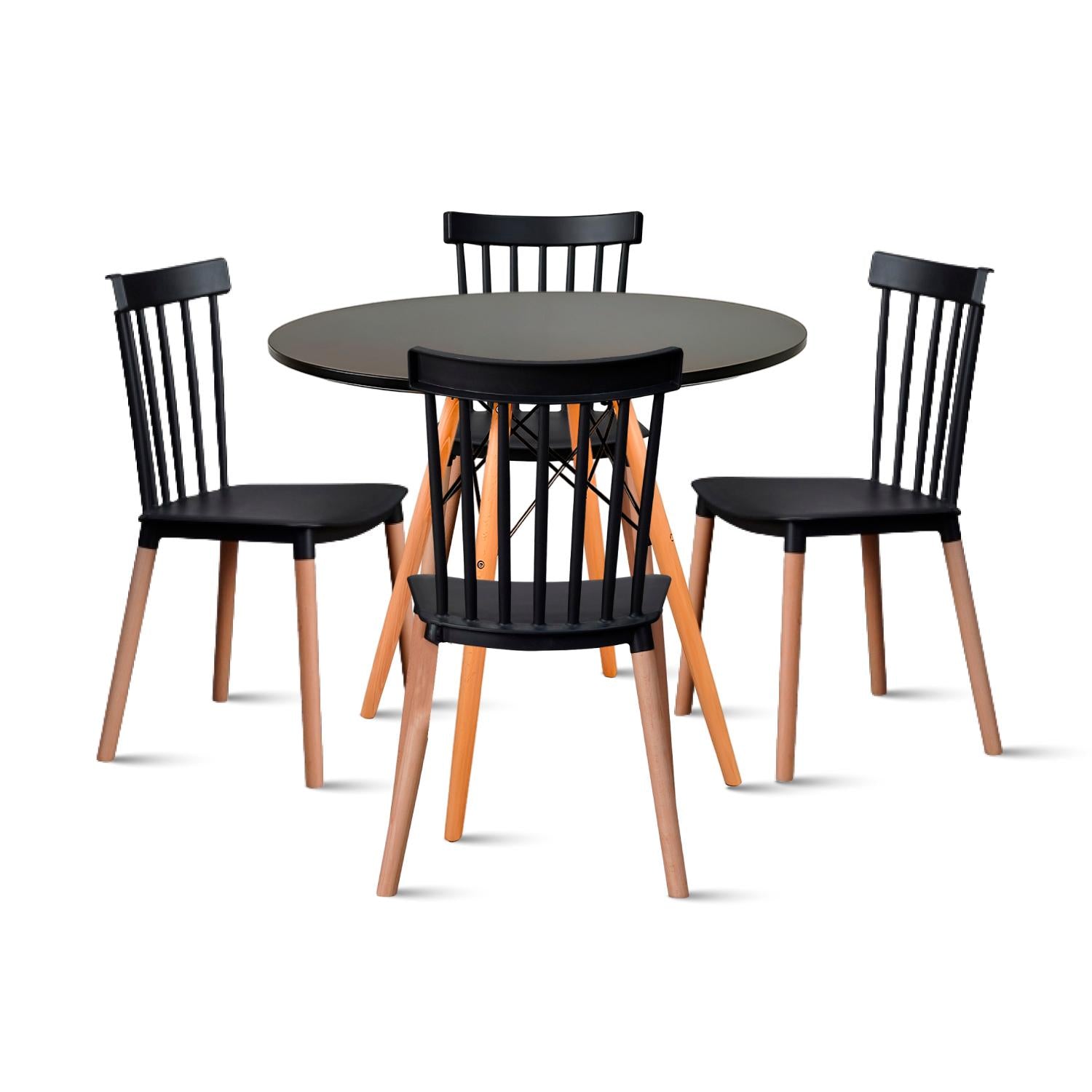 Comedor Mesa Redonda Negra 80cm + 4 Sillas Windsor Negras