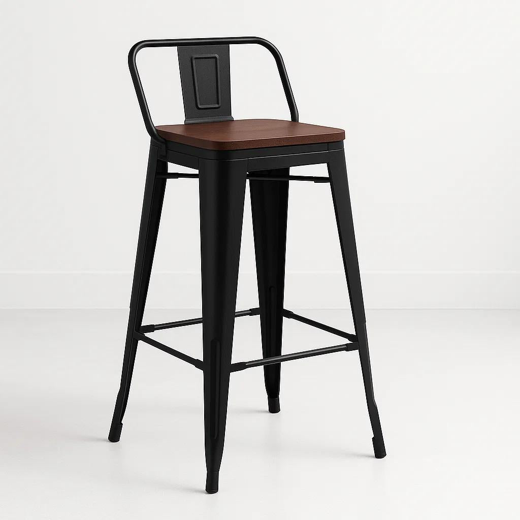 Taburete Tolix Negro Alto con Respaldo para bar o terraza - Asiento de Madera Oscura Walnut