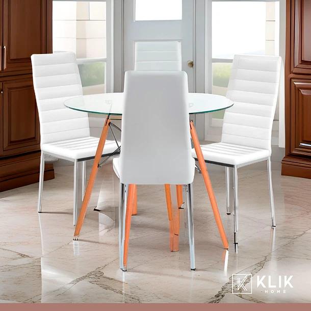 Comedor Mesa Eames 80cm redonda vidrio + 4 Sillas Dining Liana Acolchadas - Blancas
