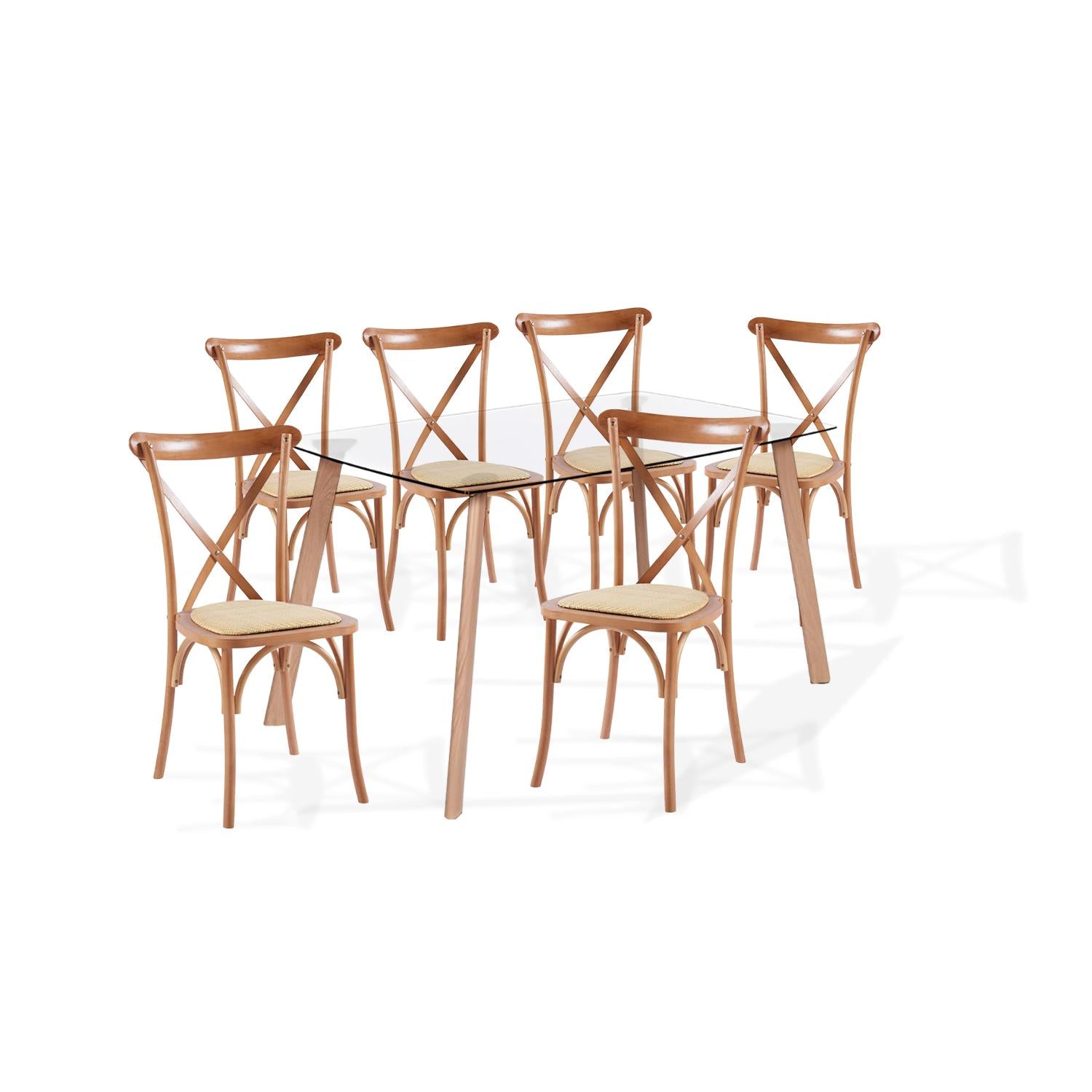 Comedor mesa de vidrio nórdica 140x90 cm + 6 sillas Crossback Madera