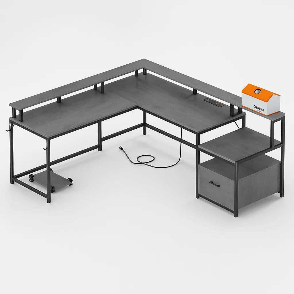 Escritorio Nova X en L modular con Estación de Carga Integrada (2 Enchufes + 2 USB) - Gris Negro