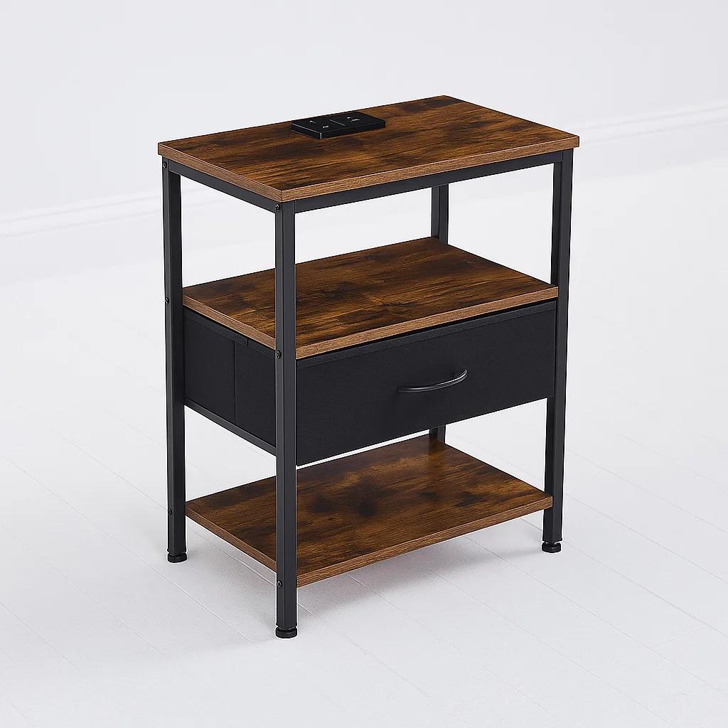 Velador Estilo Industrial Black Wood con Estación de Carga Integrada 50x30x61