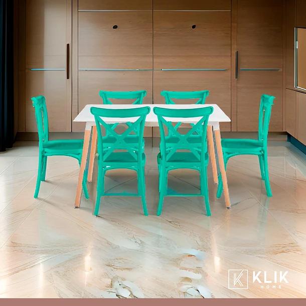 Comedor Rectangular Blanca 120x80cms + 6 Silla Crossback Danubio Menta